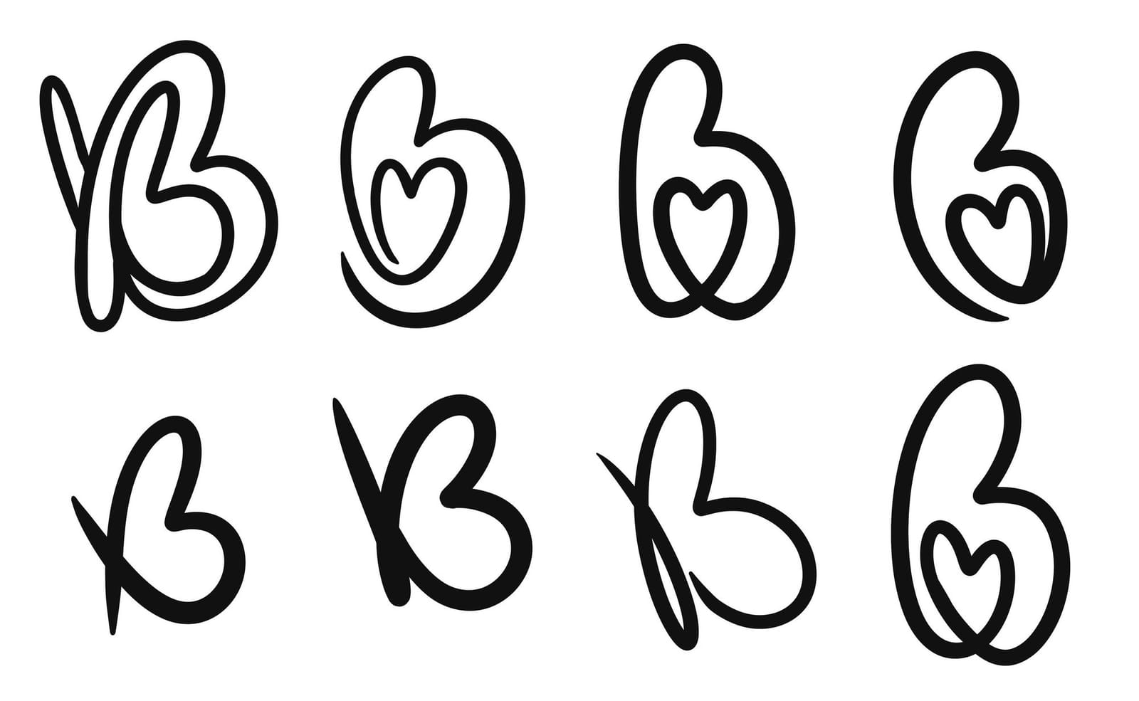 Eight hand-drawn letter Bs in black line: some with a second stroke crossing the stem like a wing, four with a small heart drawn inside the lower bowl